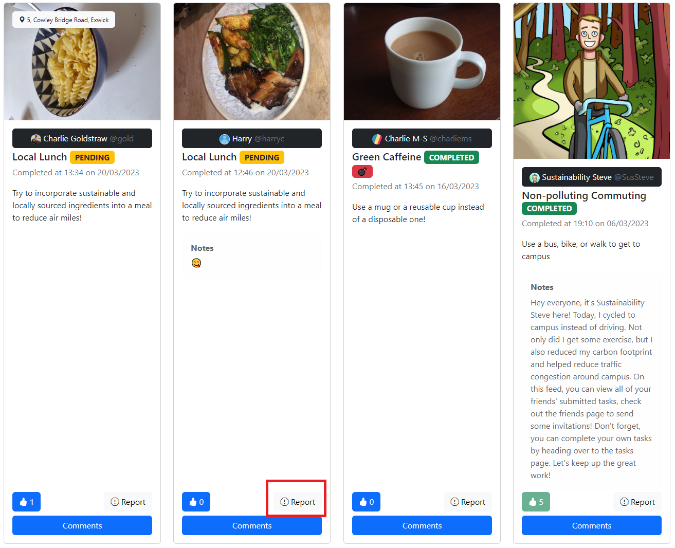 Like and report buttons